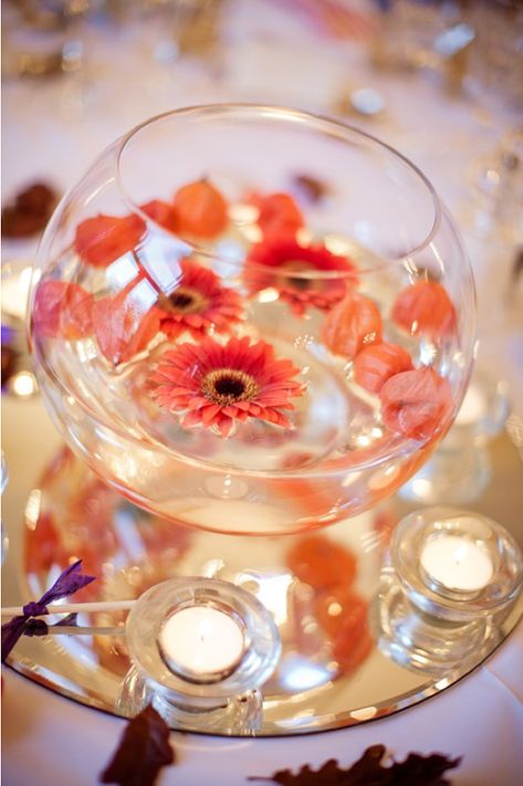 Fish Bowl Centerpiece Wedding, Floating Flower Centerpieces, Fish Bowl Decorations, Fishbowl Centerpiece, Gerbera Wedding, Water Centerpieces, Daisy Centerpieces, Floating Centerpieces, Floating Flowers