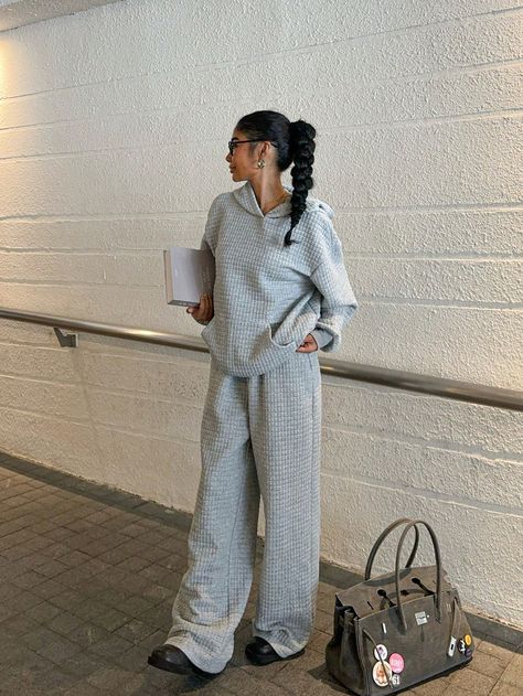 Grey Knit Women's Sweatshirt & Pants Athleisure Set Grey       Medium Stretch  Women Clothing, size features are:Bust: ,Length: ,Sleeve Length: Jogger Set Outfits Women Street Style, Black Sweat Set, Jogger Set Outfits Women, Streetwear Pose, Streetwear Poses, Grey Outfits, Matching Sweat Set, Nyc Winter Outfits, Outfits Nyc