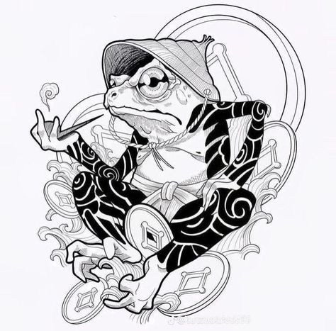 Japanese Line Tattoo, Japanese Fu Dog Tattoo Design, Japanese Tattoo Stencil, Frog Stencil, Backpack Tattoo, Samurai Frog, Line Tattoo Designs, Monkey Tattoos, Yakuza Tattoo