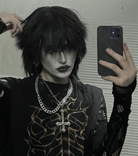 Male Goth Hairstyles, Goth Pfp Male, Black Hair Man Aesthetic, Metal Makeup Men, Grunge Makeup Men, Male Trad Goth Makeup, Men Goth Makeup, Goth Hairstyles Men, Corpse Paint Men