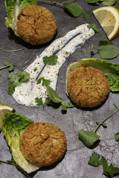 Falafel Cakes & Tahini Yoghurt Sauce Chickpea Falafel, Baked Chickpea, Yoghurt Sauce, Greek Dinner, Greek Dinners, Baked Falafel, Falafel Recipe, Fall Meals, Spiced Chickpeas