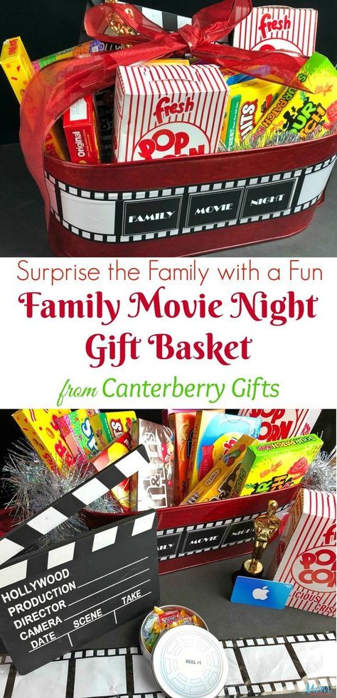 Family movie night gift basket Movie Night Basket Ideas, Movie Themed Gift Basket, Family Movie Night Basket, Family Movie Night Gift Basket, Game Night Basket, Game Night Gift Basket, Family Movie Night Gift, Winter Basket, Movie Basket