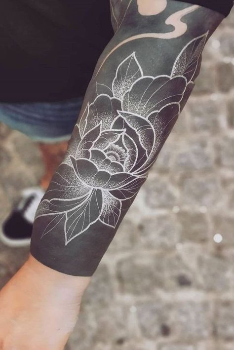 White Over Black Tattoo, White Bird Tattoos, Black Sleeve Tattoo, All Black Tattoos, Solid Black Tattoo, Black Tattoo Cover Up, Black Art Tattoo, Black White Tattoos, Blackout Tattoo