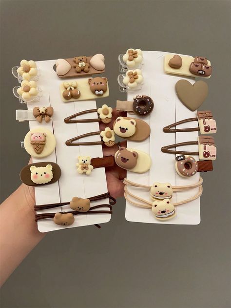 24pcs Women Cartoon Bear & Heart Decor Cute Style Hair Accessory Set, For Hair Decoration | SHEIN Cute Hair Pins, Bear Hair Clip, Cute Hairpins, Kawaii Hair Accessories, Angel Accessories, Kawaii Hair Clips, Diy Hair Accessories Ribbon, Designer Hair Accessories, Beige Hair