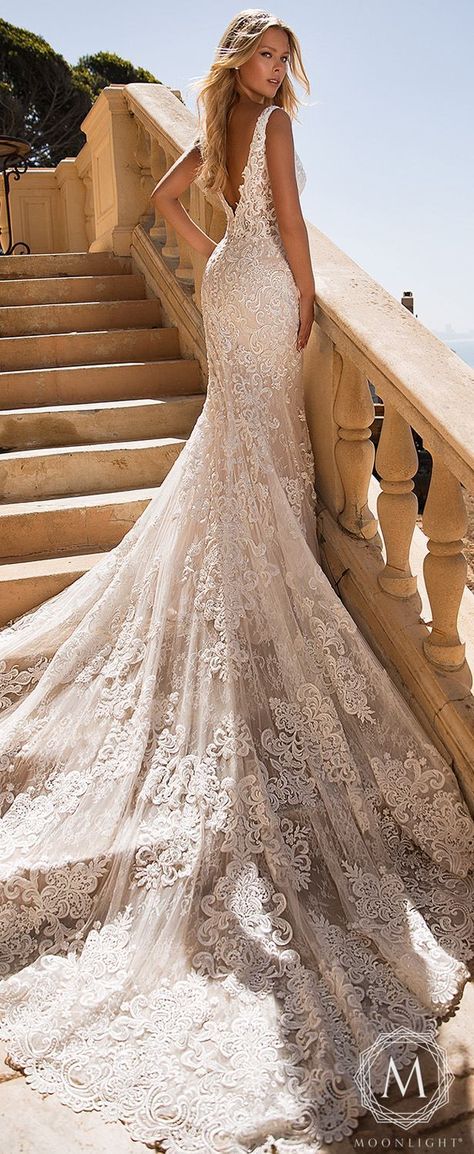 Moonlight Couture Wedding Dresses 2019 | Romantic lace Mermaid lace wedding dress sleeveless plunging open back and long train #weddingdress #weddingdresses#bridalgown #bridal #bridalgowns#weddinggown #bridetobe #weddings#bride #dreamdress #bridalcollection#bridaldress #dress See more gorgeous wedding dresses by clicking on the photo Nice Wedding Dresses, Lace Wedding Dress Sleeveless, Moonlight Couture, Cute Wedding Dresses, Moonlight Bridal, Popular Wedding Dresses, Modern Wedding Dresses, Amazing Wedding Dress, Cute Wedding Dress