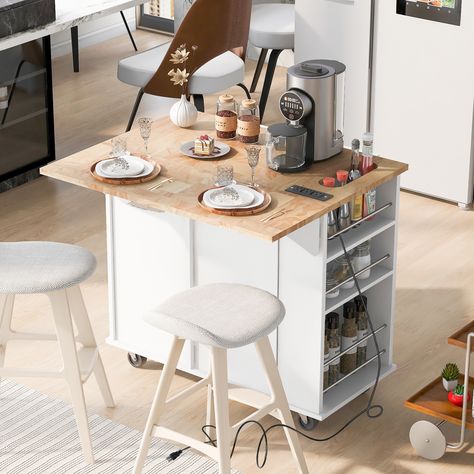 Quick Glance: Type: Kitchen Island with Power Outlet and Drop Leaf Power Outlet: Yes, 2-meter cord length Drop Leaf: Yes, foldable for space-saving Wine Cup Holder: Yes Side Storage: Yes, for spices and frequently used items Table Top: Solid Wood, Easy… Drop Leaf Kitchen Island, Mobile Kitchen Island, Kitchen Island On Wheels, Kitchen Storage Cart, Rolling Kitchen Island, Kitchen Island Cart, Modern Kitchen Island, White Dining Room, Kitchen Roll