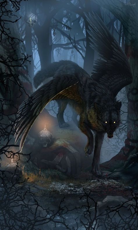 Wolves With Wings, Hybrid Animals Art, Direwolf Art, Wolf With Wings, Wolf Creature, Winged Wolf, Magical Wolf, Shadow Wolf, Mystical Wolf