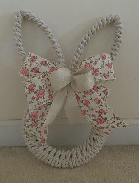 Dollar Tree Wire Bunny Frame, Rope Wreath Ideas, Bunny Wreath Dollar Tree, Dollar Tree Bunny Wreath Diy, Diy Outdoor Lanterns, Dollar Tree Bunny, Bunny Wreath Diy, Tree Rope, Dt Crafts