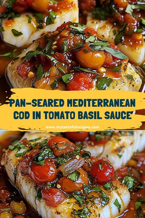 Treat yourself to a quick yet elegant meal with this Pan-Seared Mediterranean Cod in Tomato Basil Sauce. The succulent cod, enhanced by a fragrant tomato basil sauce, is a delicious way to enjoy a taste of the Mediterranean with minimal effort. Medeteranian Fish Recipes, Cod And Potatoes Recipes, Cod With Tomatoes, Mediterranean Cod, Quick Sandwiches, Tomato Basil Sauce, Basil Sauce, Prep Bowls, Kid Friendly Lunches