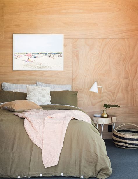 Plywood Walls Ideas Interior Design, Minimal Table Lamp, Family Beach House, Minimal Table, Earthy Home Decor, Plywood Interior, Beach House Bedroom, Earthy Bedroom, Plywood Walls