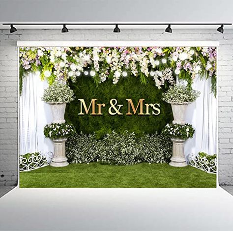 Wedding Backdrop Reception, Wedding Reception Backdrop, Grass Wall, Stone Pillars, Studio Props, Rose Photos, White Curtains, Banner Backdrop, Mr And Mrs