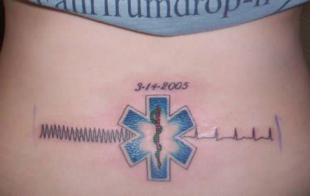 EMS tat Medical Alert Tattoo Ideas, Pacemaker Tattoo, Fire Wife Tattoo, Paramedic Tattoo, Medical Tattoos, Medical Alert Tattoo, Emt Life, Police Tattoo, Tramp Stamps