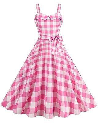 Amazon.com: Wellwits Women's Polka Dots Frill Trim Wide Strap Shirred Waist Vintage Formal Dress Pink S : Clothing, Shoes & Jewelry Vestidos Pin Up, Pink Plaid Dress, 2025 Trends, Vestidos Retro, Robes Vintage, Check Dress, Vintage Fits, Vestidos Vintage, Collars For Women