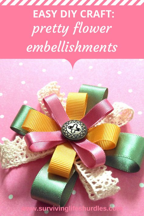 easy diy craft, pretty flower embellishments Creative Homemade Gifts, Make Accessories, Ribbon Projects, Diy Embellishments, Easy Handmade, Creative Sewing, Flower Embellishments, Easy Arts And Crafts, Pumpkin Fall Decor