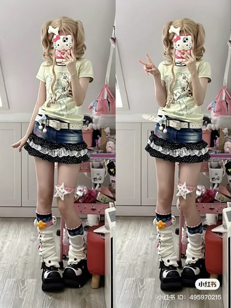 Y2k Gyaru Outfits, Cute Harajuku Outfits, Harakuju Outfit, Fitted Harajuku Ruffled Mini Skirt, Harajuku Style Mini Skirt For School, Harajuku Mini Skirt For Alternative Fashion, Harajuku Style Ruffled Mini Skirt, Harajuku Style Pink Ruffled Skirt, Kawaii Outfit Ideas