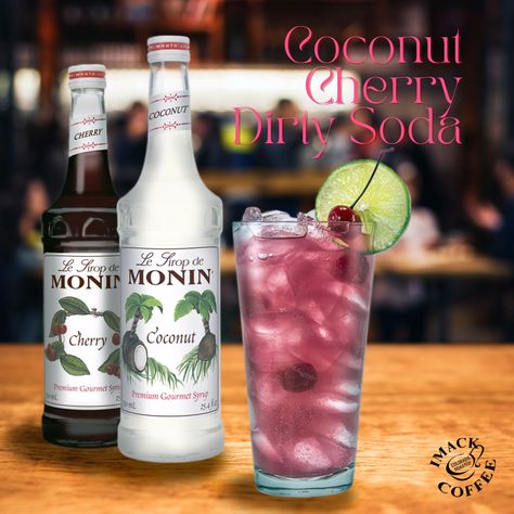 INGREDIENTS: 1/4 oz. Monin Coconut Syrup / 1/4 oz. Monin Cherry Syrup / 7 oz. lemon-lime soda / Cherry, lime wheel to garnish // INSTRUCTIONS: 1) Fill serving glass full of ice. 2) Pour ingredients into serving glass in order listed. 3) Pour mixture into mixing tin and back into serving glass to mix. 4) Add garnish and serve! Monin Recipes, Cherry Syrup, Coconut Syrup, Lemon Lime Soda, Lime Soda, Lemon Lime, Syrup, Coconut, Lemon