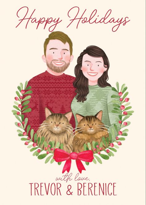 Beautiful hand drawn personalized illustration of family with addition of soft vivid color Christmas wreath. Christmas Family Holiday Cards, Family Christmas Cards With Dogs, Illustrated Family Christmas Card, Cat Family Christmas Cards, Family Holiday Card, Christmas Card Family, Illustrated Holiday Cards, Cards Illustration, Custom Illustrated Family Portrait