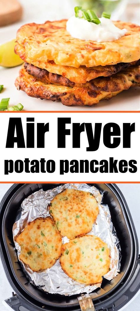 Air Fryer potato pancakes are the best way to use leftover mashed potatoes into a new meal or side dish. Crispy outside with cheese inside. #airfryerpotatopancakes #potatopancakes #leftovermashedpotatoes Homemade Potato Pancakes, Fried Potato Cakes, Air Fryer Recipes Potatoes, Ninja Grill, Air Fry Potatoes, Air Fryer Potato, Mashed Potato Pancakes, Leftover Potatoes, Instant Potatoes