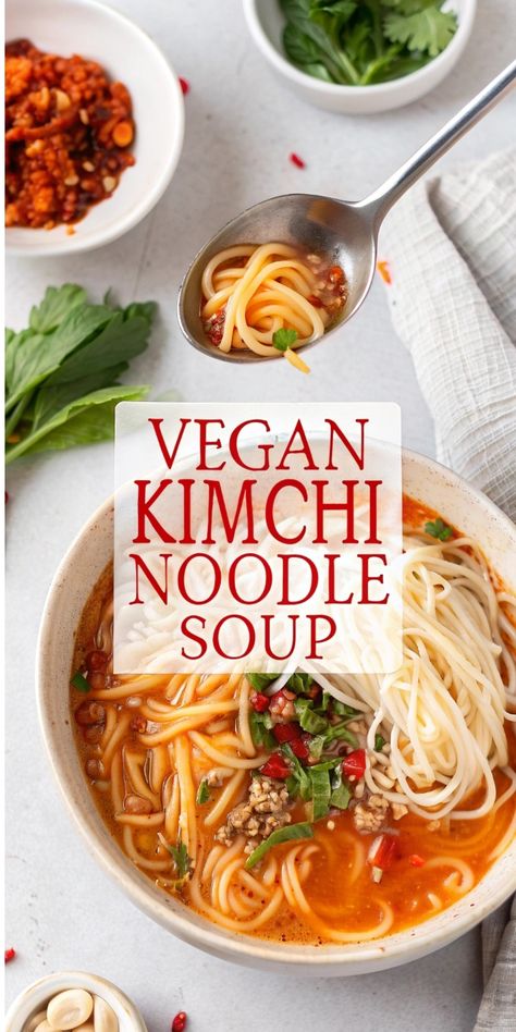 Craving something spicy and delicious? These Vegan Kimchi Noodles combine the zesty goodness of recipes with kimchi and the wholesome taste of pak choy. Ideal for anyone who loves quick vegan bowls or needs new ideas for noodle soup recipes. Perfect for a cozy night in! #RecipesWithKimchi #VeganSoupRecipes #VeganBowls Kimchi Noodle Soup, Kimchi Soup Recipe, Korean Soup Recipes, Vegan Kimchi Recipe, Vegetarian Kimchi, Kimchi Soup, Kimchi Noodles, Vegan Banana Muffins, Pak Choy