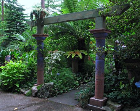 Idyll Haven: Little and Lewis Pnw Garden, Arbor Ideas, Roman Garden, Pagoda Garden, Concrete Leaves, Garden Obelisk, Gardening Inspiration, Concrete Sculpture, Door Detail