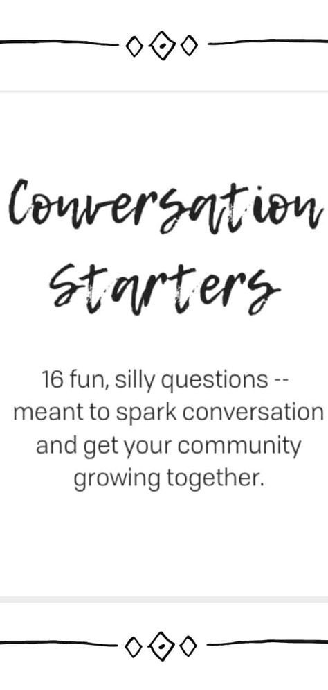 DIY conversation cards for dinner parties. These 16 conversation starters will help make your next dinner party a raving success! Grow your community around your table! Table Topics For Adults, Dinner Questions For Adults, Dinner Table Conversation Starters, Tea Party Conversation Starters, Dinner Conversation Starters For Couples, Silly Conversation Starters, Conversation Games For Adults, Party Questions For Adults, Dinner Party Games At The Table