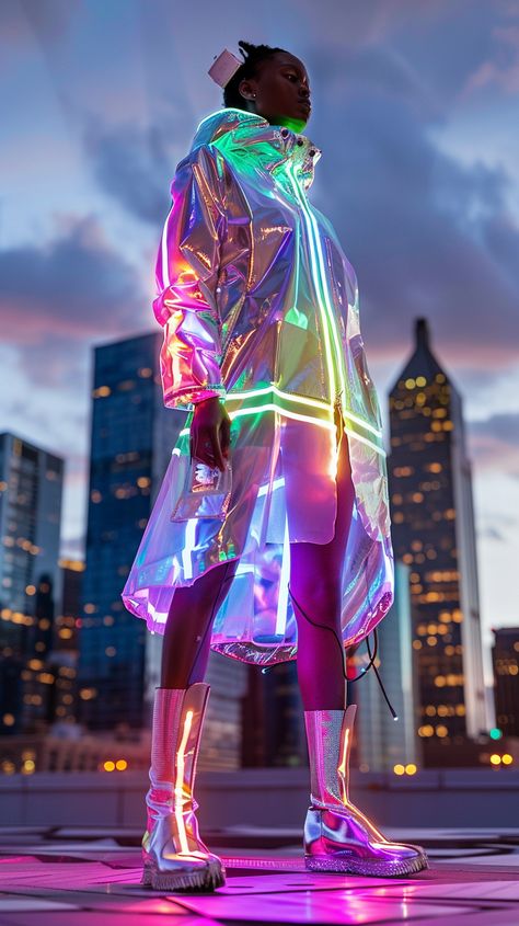 Futuristic photo of a model in a holographic jacket with interactive surfaces, sleek digital dress, and LED-embedded boots. Set in a vibrant hi-tech cityscape at dusk, showcasing innovative fashion. --v 6 --ar 9:16 Future Funk Fashion, Holographic Jacket, Holographic Fashion, References For Drawing, Future Of Fashion, Rave Party, Futuristic Fashion, Party Looks, Funk