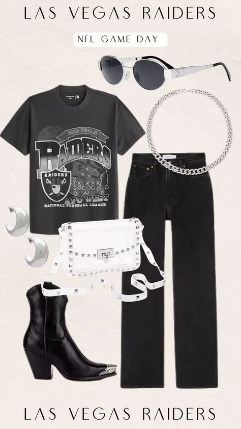 Las Vegas Raiders game day inspo! NFL GAME DAY OUTFIT #LTKFind #LTKstyletip#LTKSeasonal Game Day Outfit Nfl, Casual Football Game Outfit, Black Game Day Outfit, Nfl Game Day Outfit, Football Game Outfit, Black Jeans Outfit, Game Day Outfit, Las Vegas Raiders, Football Outfits