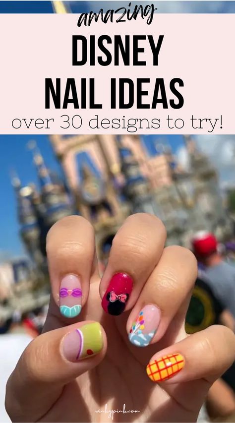 This post has over 40 Disney Nail Ideas. From Colorful Mickey’s to Magical designs, there is lots of nail inspo here for your next Disney park adventure. So let’s head into the Mickeyverse with these amazing Disney Nails. Disney Pixar Nail Designs, Pixar Nail Designs, Disney Manicures, Simple Disney Nail Designs, Nail Ideas Disney, Short Disney Nails, Disney Nails Short, Disney Character Nails, Summer Disney Nails