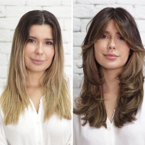 Long Feathered Haircut with Curtain Bangs Long Haircut For Square Face, Long Feathered Haircut, Curtain Bangs For Square Face, Bangs For Square Face, Feathered Haircut, Haircuts For Square Faces, Very Short Pixie Cuts, Feather Cut, Strong Jawline