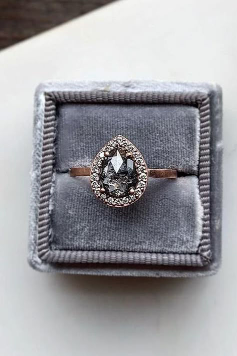 Engagement Rings Black Diamond Rose Gold, Gold Engagement Rings Halo, Grey Ring, Grey Diamond Engagement Ring, Pear Engagement Ring Halo, Engagement Rings Halo, Wedding Rings Ideas, Grey Diamond Ring, Rose Gold Engagement Rings