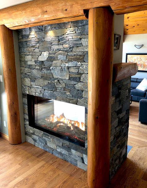 Lodge Room Ideas, Double Sided Gas Fireplace, Chalet Style Homes, Lodge Style Home, Cottage Fireplace, Two Sided Fireplace, Gas Insert, Stone And Wood, Double Sided Fireplace