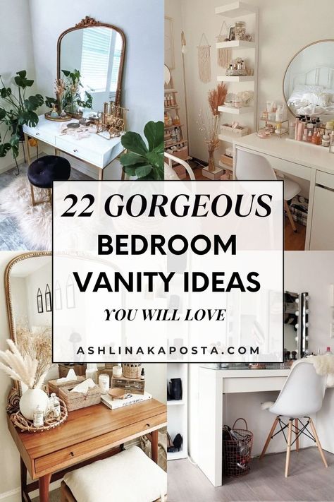 Vanity Arrangement Ideas, Trendy Vanity Ideas, Vanity Rug Ideas, Small Vanity Desk Ideas Bedroom, Vanity Decor Inspiration, Corner Makeup Vanity Ideas Bedrooms, Make Up Space In Bedroom, Makeup Vanity In Bedroom Layout, Bedroom Ideas Ikea Furniture