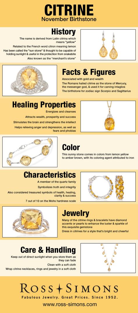 Learn about the history, facts, healing properties, color, characteristics and how to care for November's Birthstone, Citrine. November Gemstone, November Jewelry, November Stone, Birth Stones, Citrine Birthstone, November Birthstone Ring, Citrine Jewelry, Citrine Stone, November Birthstone