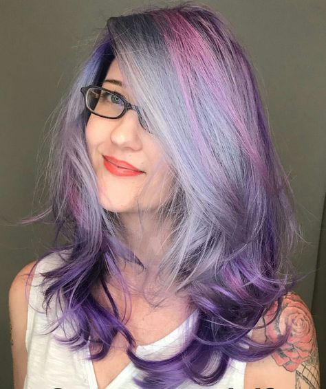 Violet Purple Pink Silver hair Silver Purple Pink Hair, Silver And Purple Hair, Pink Silver Hair, Pink Purple Blue Hair, Purple Grey Hair, Pixie Hair, Hair Color Purple, Hair Color Highlights, Violet Purple