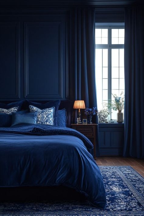 Cozy Bedroom Blue, Royal Blue Bedrooms, Dark Bedrooms, Navy Blue Bedroom, Mom Room, American Royals, Design A Bedroom, Navy Blue Curtains, Dark Blue Bedrooms