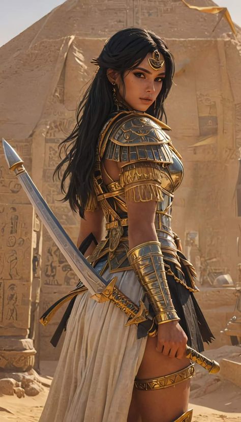 Egyptian Women Outfit, Ancient Egypt Warrior, Egyptian Women Aesthetic, Greek Warrior Costume, Warrior Woman Aesthetic, Indian Warrior Princess, Egyptian Clothing Women, Egyptian Queen Art, Egyptian Character Design