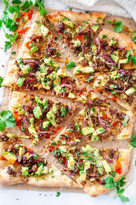 Mexican Flatbread Pizza, Avocado Flatbread, Mexican Flatbread, Sweet Red Chili Sauce, Slow Cooker Carnitas, Hot Chili Oil, Pickled Red Onion, Quick Pickled Red Onions, Red Chili Sauce