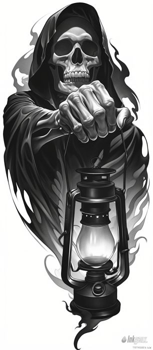 Holding Lantern, Go Tattoo, Complete Tattoo, Lantern Tattoo, Grim Reaper Tattoo, Reaper Tattoo, Grim Reaper Art, Skull Art Drawing, Skeleton Tattoos