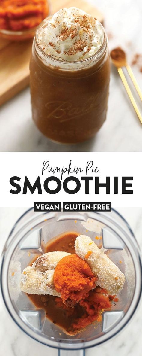 Our pumpkin smoothie recipe tastes like a frozen pumpkin latte, but is actually healthy and made with frozen banana, pumpkin puree, coffee, and pumpkin pie spice! Pumpkin Smoothie Recipe, Chocolate Peanut Butter Smoothie, Frozen Pumpkin, Vegan Whipped Cream, Pumpkin Pie Smoothie, Pumpkin Smoothie, Breakfast Smoothie Recipes, Pumpkin Banana, Healthy Breakfast Smoothies