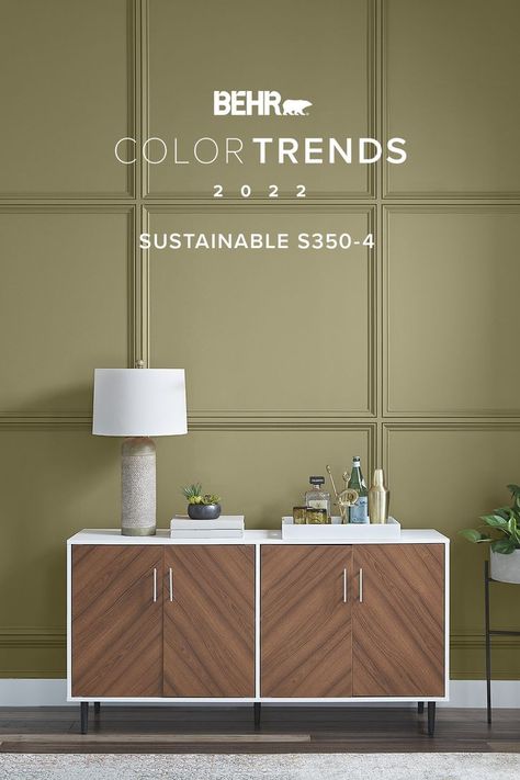 Capturing the calming energy of moss, Sustainable helps to bring the humble outdoors indoors. Colour Trends 2022, Behr Color Trends, 2022 Color Trends, Jungle Camouflage, Behr Colors, Outdoors Indoors, Living Colors, Color Of The Month, Furniture Flipping