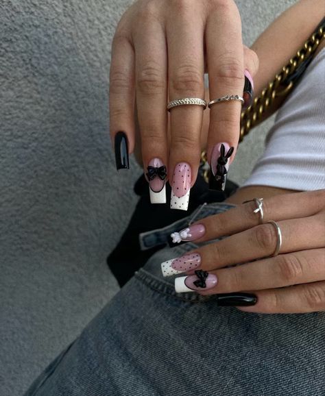 Acrylic Nails 2024, Gel X Extensions Nails, Long Square Nails Ideas, Aries Nail Designs, Long Nails Coffin, Impress Press On Nails, Paznokcie Hello Kitty, Black And White Nails, Punk Nails