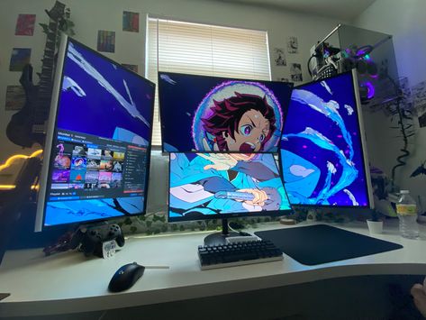 Slayer Wallpaper, Demon Slayer Wallpaper, Setup Inspiration, Gaming Desk Setup, Setup Gamer, Home Studio Setup, Pc Gaming Setup, Pc Setups, Video Game Rooms