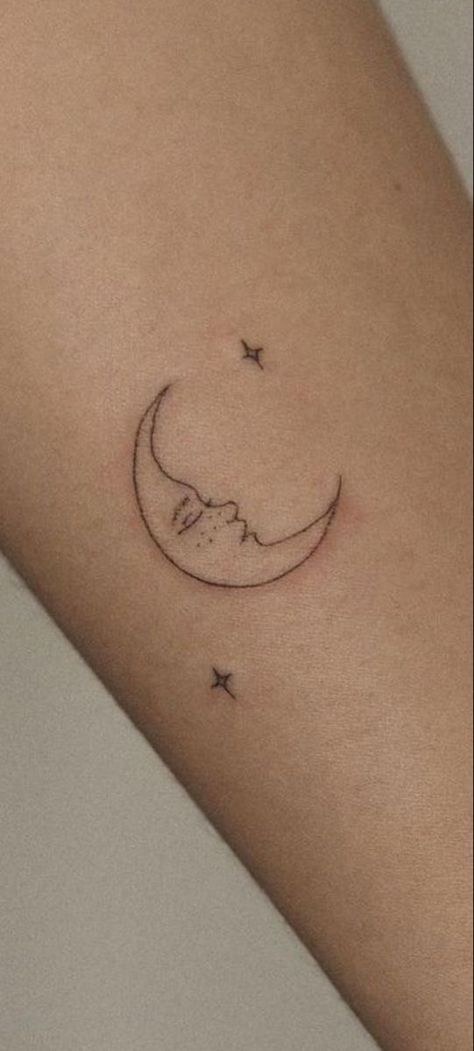 Neckline Tattoo Women, One Line Moon Tattoo, Vintage Moon Tattoo, Small Dainty Tattoos For Women, Celestial Moon Tattoo, To Whatever End Tattoo, Aesthetic Small Tattoos, Fine Line Moon Tattoo, 70s Tattoo Ideas