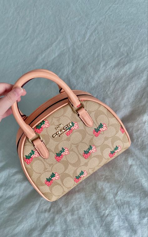 Pink Coach Bags, Strawberry Coach Bag, Pink Purse Aesthetic, Coach Strawberry Bag, Coach Pink Bag, Coach Strawberry, Coach Aesthetic, Aesthetic Handbags, Aesthetic Purse