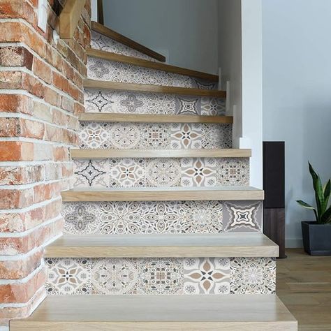 Amazon.com: funlife 14 PCS Self Adhesive Stair Stickers, Peel and Stick Vinyl Stair Risers Staircase Murals Decals Sticker Decor for Steps, 39.37"x7.09", Moroccan Pattern : Tools & Home Improvement Stair Tiles, Vinyl Stair Risers, Redo Stairs, Tiled Staircase, Stairs Decor, Vinyl Stairs, Marble Aesthetic, Stair Decals, Stairs Renovation