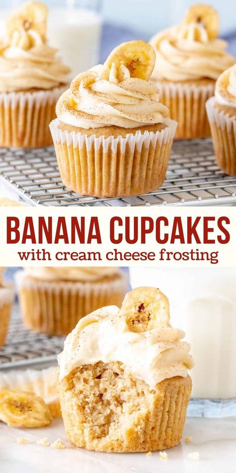 These banana cupcakes with cream cheese frosting have the perfect banana flavor and a moist, fluffy cupcake crumb. There's a hint of cinnamon in the frosting with pairs perfectly with the sweet and mellow banana bread flavor. #cupcakes #banana #creamcheesefrosting #bananabread #brownbananas #cinnamon from Just So Tasty Banana Cupcakes With Cream Cheese, Chocolate Cream Cheese Cupcakes, Banana Bread Cupcakes, Cream Cheese Frosting Easy, Frosting Chocolate, Cupcake Cream, Chocolate Cream Cheese Frosting, Cinnamon Cream Cheese, Banana Cupcakes