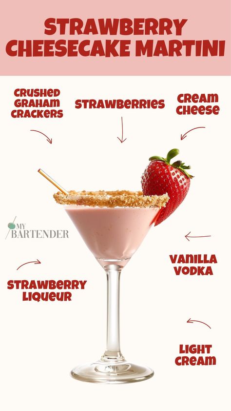 Strawberry Cheesecake Cocktail, Strawberry Shortcake Martini, Fun Martini Recipes, Cherry Martini Recipe, Sweet Martini Recipes, Martini Ideas, Cheesecake Martini, Alc Drinks, Strawberry Cocktail Recipe