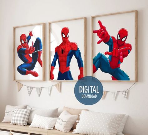 Superhero Prints, Set of 3 Prints, Spiderman Digital Posters, Boys Room Decor, Spiderman Wall Art, Superheroes Wall Art, Digital Download - Etsy Canada Spider Man Bedroom Ideas, Spiderman Room Ideas, Spiderman Wall Art, Truck Bedroom, Spiderman Room, Man Bedroom, Spiderman Decorations, Superhero Prints, Men Wall Decor