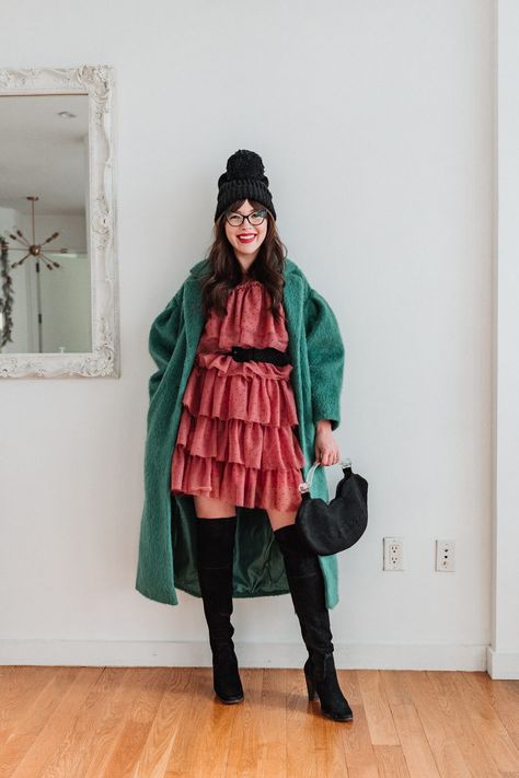 Solid Color Dresses, Keiko Lynn, Pink Faux Fur Coat, Ruffle Tiered Dress, Red Tights, Velvet Sandals, Under The Skirt, Tailored Coat, Tiered Ruffle Dress