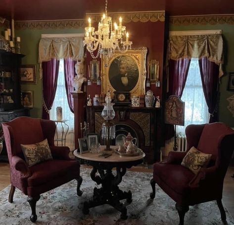 Old Vintage House Aesthetic, Dark Victorian House Interior Design, Parlor Room Ideas Victorian Interiors, 1920s Aesthetic Home, Parlor Aesthetic, 2023 Wall Decor, Victorian Homes Aesthetic, 1920s Home Interior, Bohemian Decorating Ideas